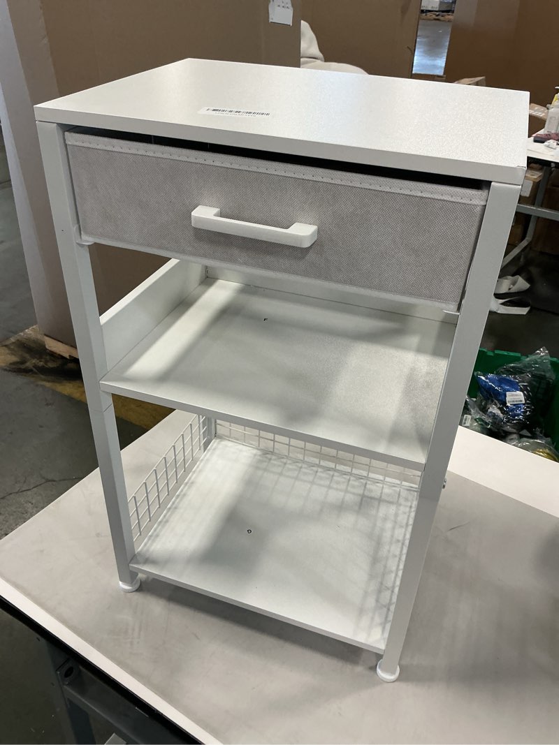 Lerliuo White Printer Stand with Fabric Drawer, 3 Tier Industrial Side Table, Modern Small Printer Desk Holder with Storage Shelf,Multi-Functional Bedside Tables for Home Office Fax Machine Scanner