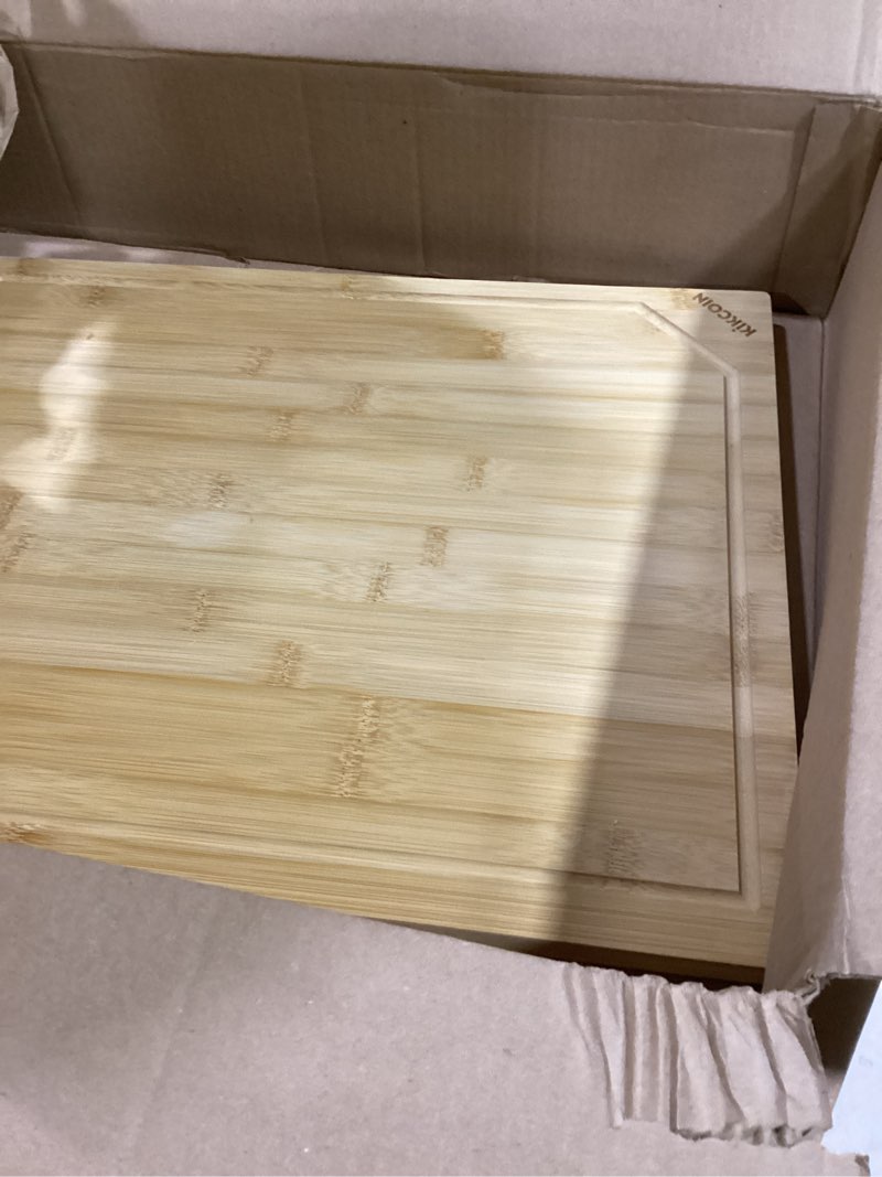 Condition photo showing Good Condition for Bamboo Cutting Boards for Kitchen, Extra Large Wood Cutting Board with Deep Juice Groove and Handle Heavy Duty Chopping board, Kikcoin, 20" x 14" 19.9"L x 14"W
