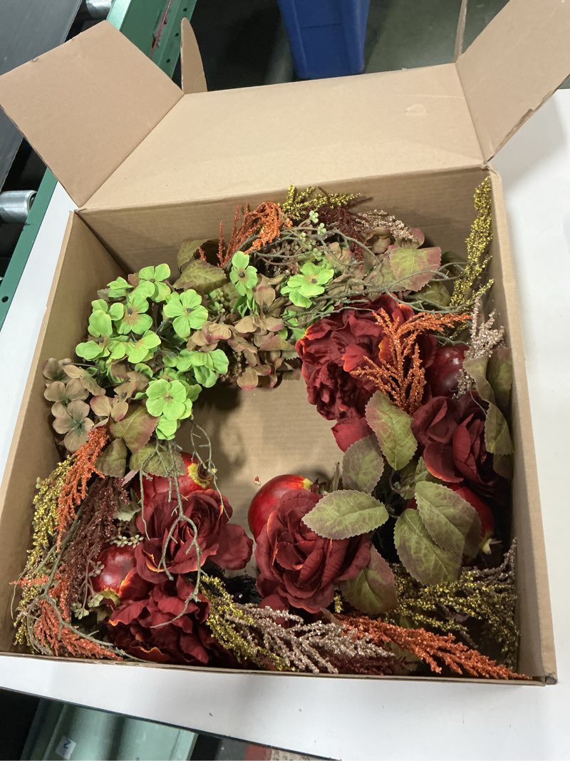 Condition photo showing Good Condition for 24" Fall Wreath for Front Door, Handmade with Faux Hydrangea Peony Camellia Wheat Pomegranate, Fall Decor for Home Farmhouse Door Wall Window