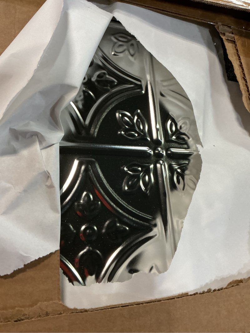 Condition photo showing As Is for American Tin Ceilings [5 Pack Kit] 24" x 24" 100% Tin Nail-Up Ceiling Tiles | Pattern #3 Raw Unfinished Small Victorian Design with Floral Arching Diamonds for Ceilings & Kitchens | Kit-n-p03-raw Pattern #3 Unfinished