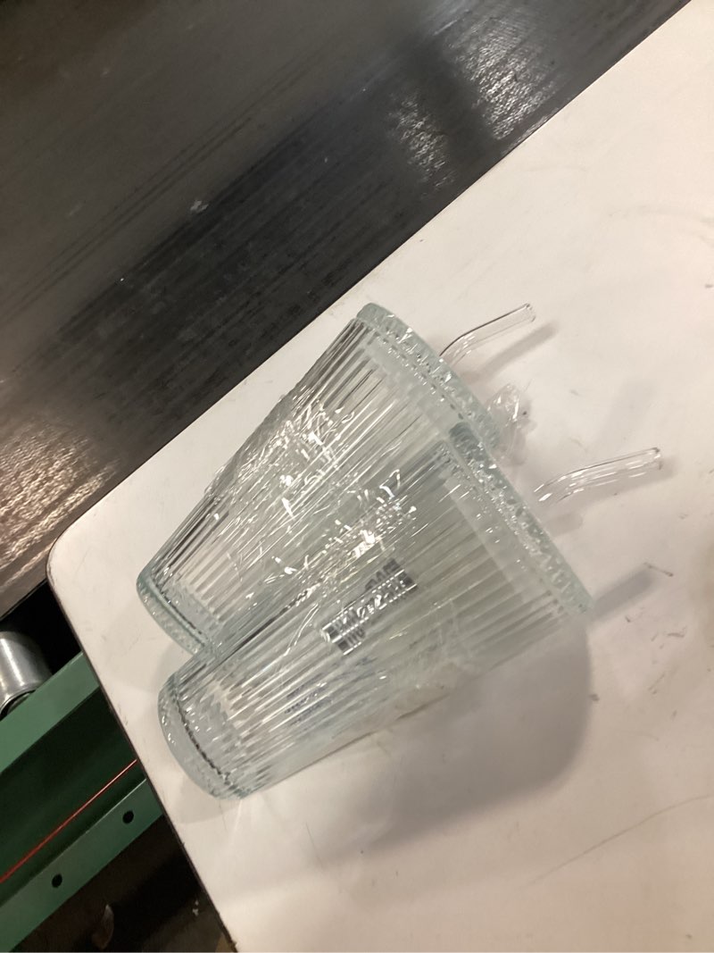 Condition photo showing As Is for better homes & gardens glass 21oz tumbler ribbed with glass lid and straw