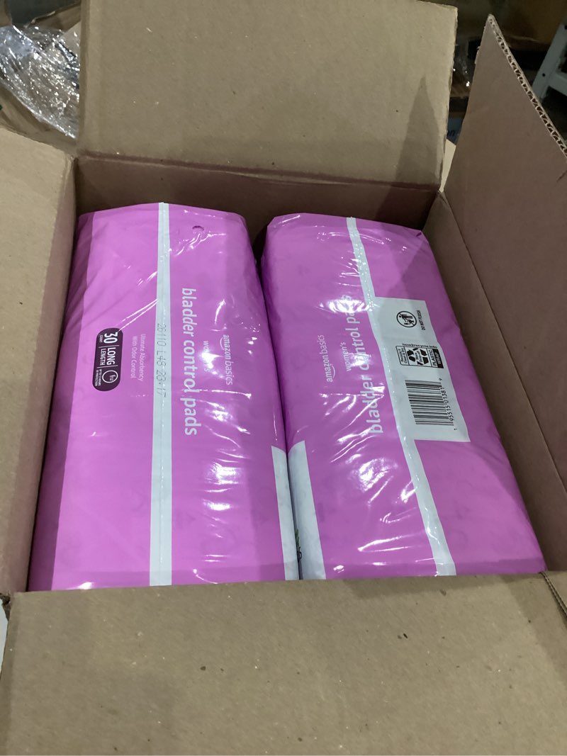 Condition photo showing Good Condition for amazon basics incontinence pads for women, long, bladder control, postpartum, ultimate absorbency, unscented, with odor control, 60 count (2 packs of 30) ultimate 60.0