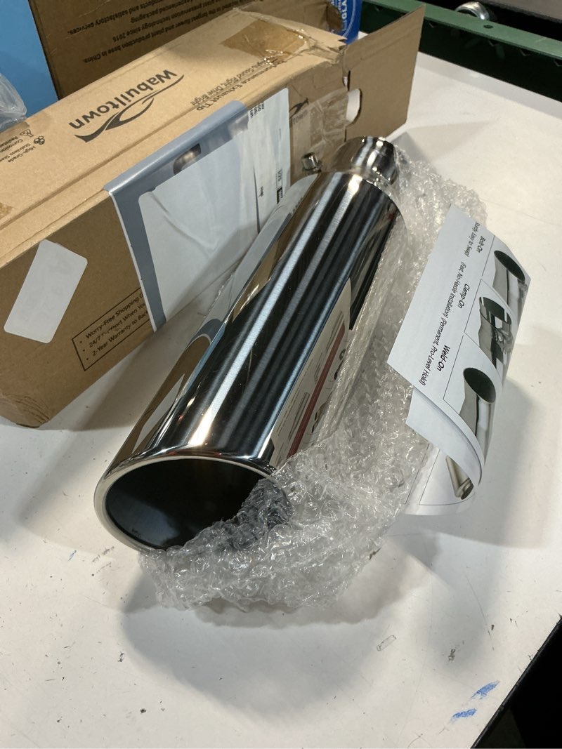Condition photo showing New/Like New for exhaust tip 2.25" inlet 3.5" outlet 12" long, high performance stainless steel, rustproof polished finish, rolled angle cut, bolt-on diesel tail pipe, universal for car truck