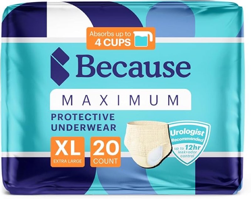 Because Discreet Maximum Adult Incontinence & Postpartum Underwear for Women, High Absorbency, Disposable, Absorbs Up to 4 Cups, Beige, X-Large, 20