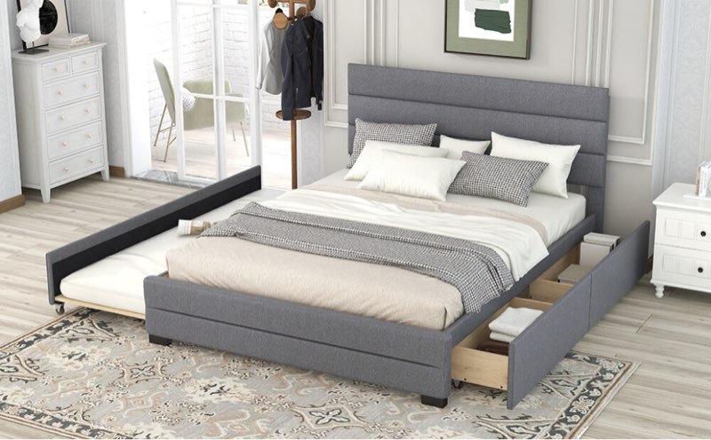 *incomplete,box 2/2 only* Queen Upholstered Platform Bed with Trundle and Two Drawers