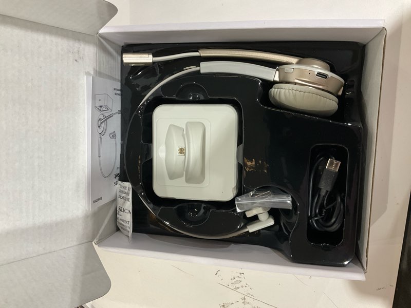 Condition photo showing Good Condition for Vonztek Bluetooth Headset with Microphone,Wireless Headset V5.2 with AI Noise Canceling Mic&USB Dongle, Wireless Headphones with Charging Base and Mute Function for Computer/Phone/Office/Skype White Gold