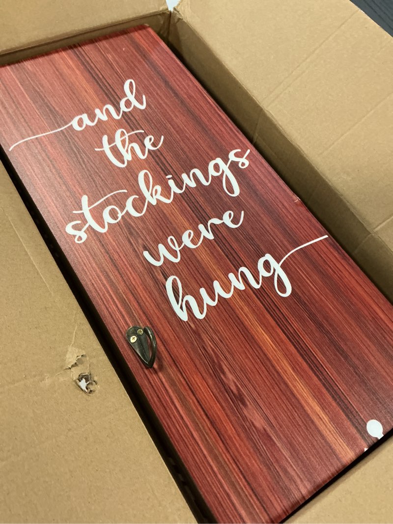 Condition photo showing As Is for 70 Inch Freestanding Christmas Stocking Holder with 6 Hooks Vertical Collapsible Holder Stand The Stocking were Hung Wood Sign for No Fireplace Small Homes Xmas Decoration Classic