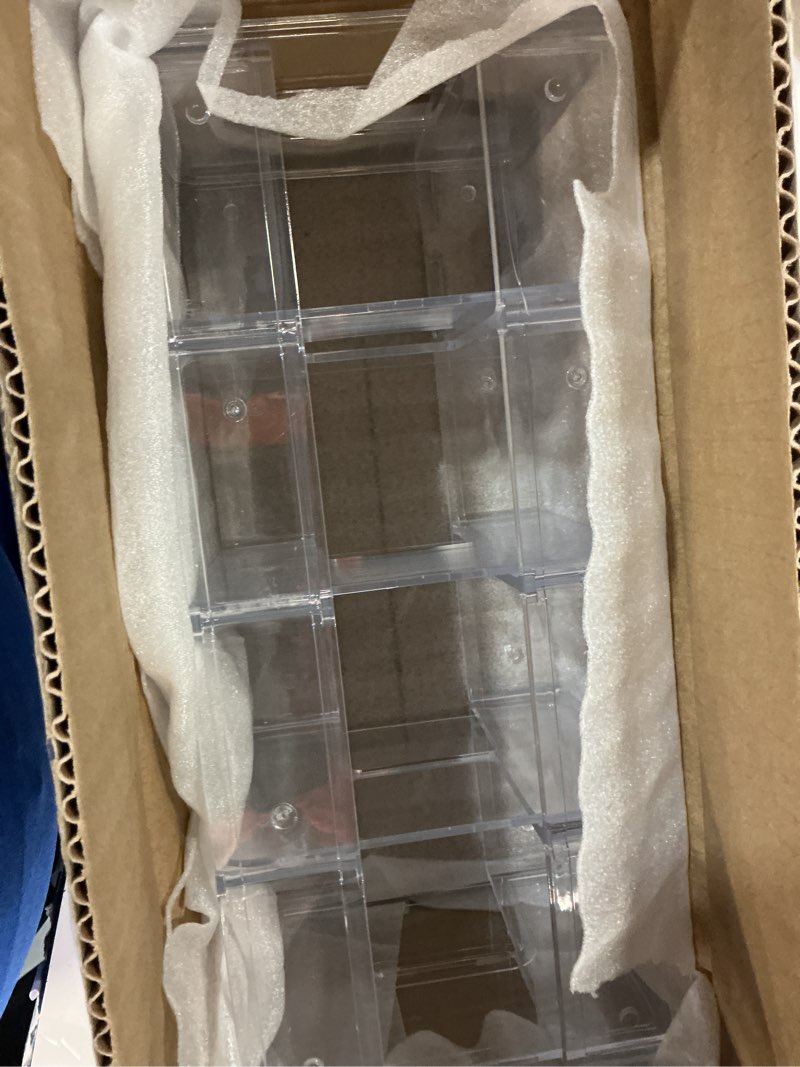 Condition photo showing New/Like New for yageli clear acrylic purse organizer for closet, 3-4 section desk file sorter, 2.95" wide slots for clutches, handbags, binders & folders, sturdy stackable bookshelf organizer 2pack-4sections-1