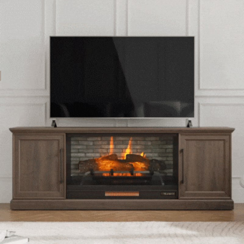 allen + roth 72-in w brown walnut tv stand with infrared quartz flat wall electric fireplace 