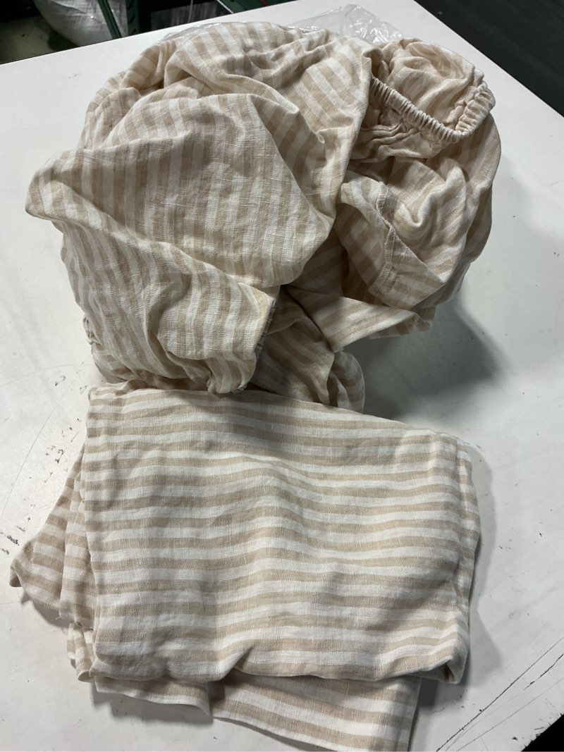 Condition photo showing Good Condition for european linen fitted sheet set, twin, natural/white stripe
