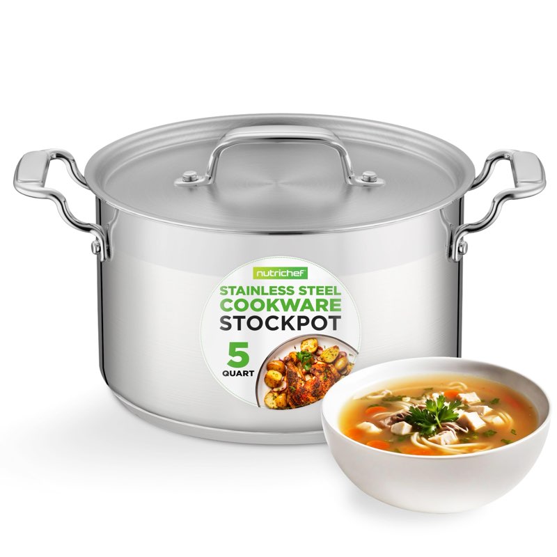 NutriChef 5-Quart Stainless Steel Stockpot with Lid- 18/8 Food Grade Heavy Duty Inox Large Stock Pot