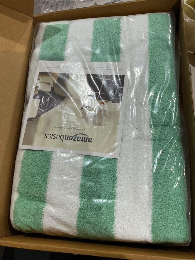 Condition photo showing Good Condition for amazon basics 100% cotton terry beach towel, soft & absorbent, quick drying, cabana stripe, large 30" x 60", green, 2-pack green 30" x 60" pack of 2