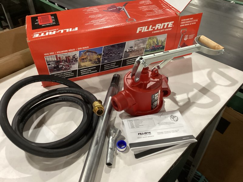 Condition photo showing New/Like New for Fill-Rite FR152 Piston Hand Pump with Hose & Nozzle Spout, Red