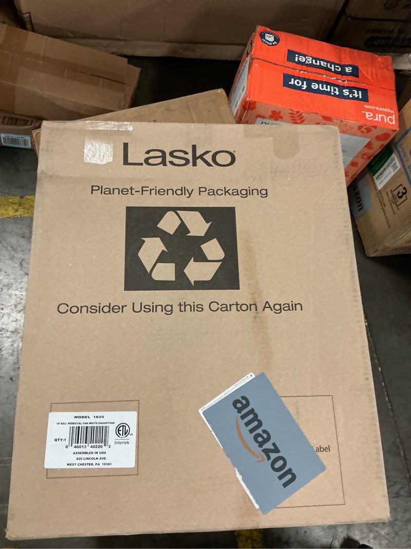 Condition photo showing As Is for lasko oscillating pedestal fan - lasko fan with adjustable height and 3 cooling speeds, portable, 18", white, 1820