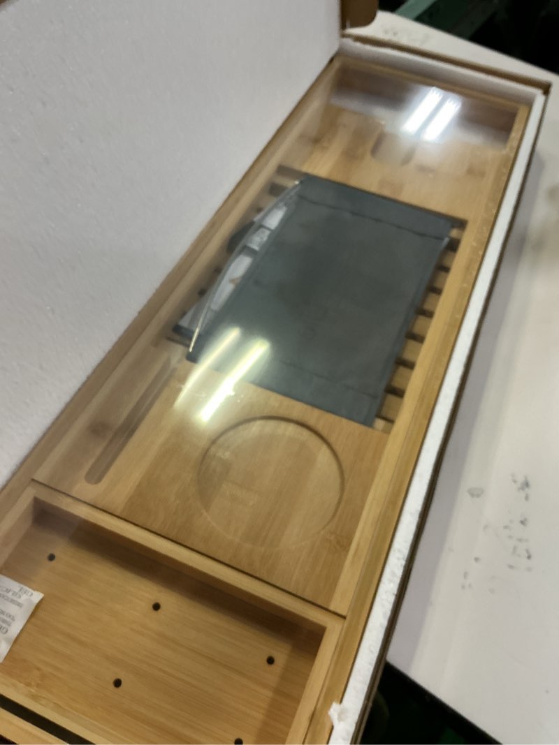 Condition photo showing New/Like New for SereneLife Luxury Bamboo Bathtub Caddy Tray - Adjustable Natural Wood Bath Tub Organizer with Wine Holder, Cup Placement, Soap Dish, Book Space & Phone Slot for Spa, Bathroom & Shower - SLBCAD20 1) Classic Legacy