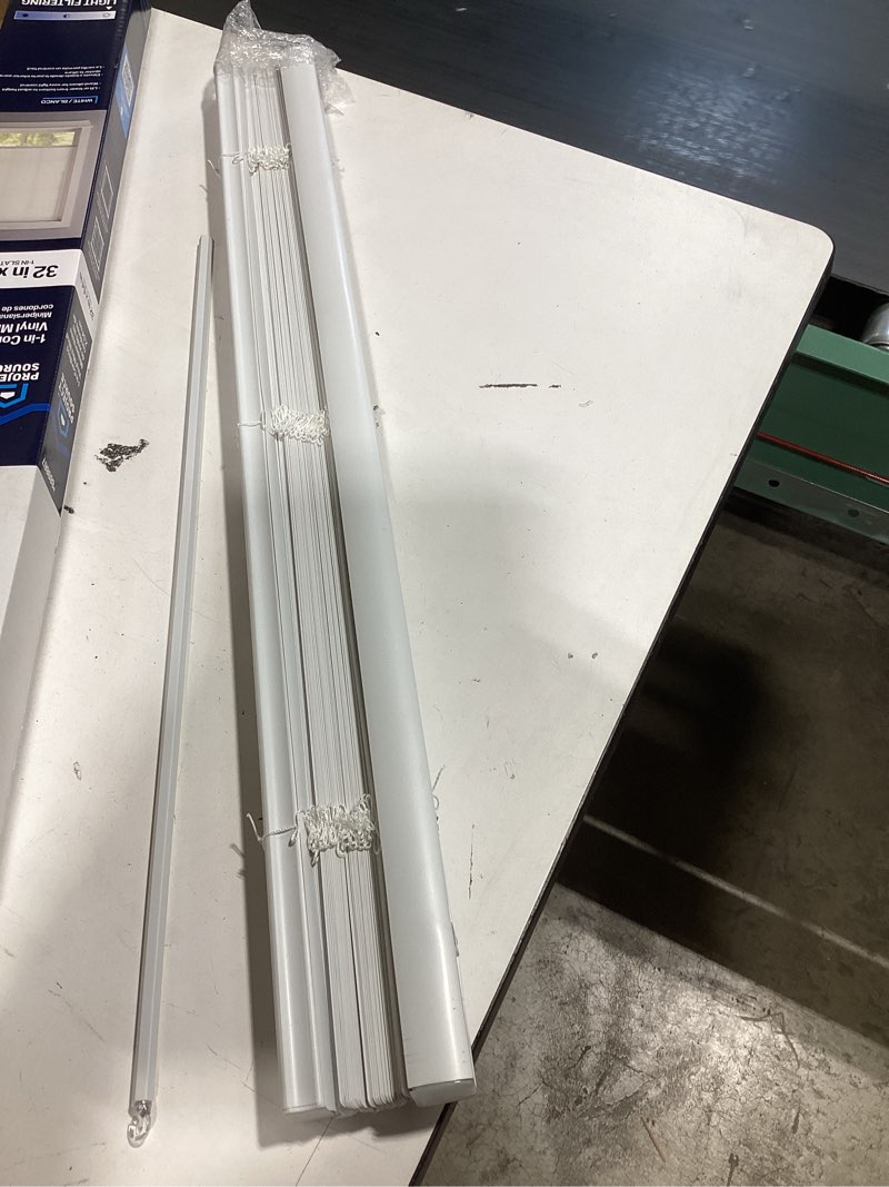 Condition photo showing As Is for project source light filtering 1-in slat width 32-in x 64-in cordless white vinyl light filtering mini-blinds