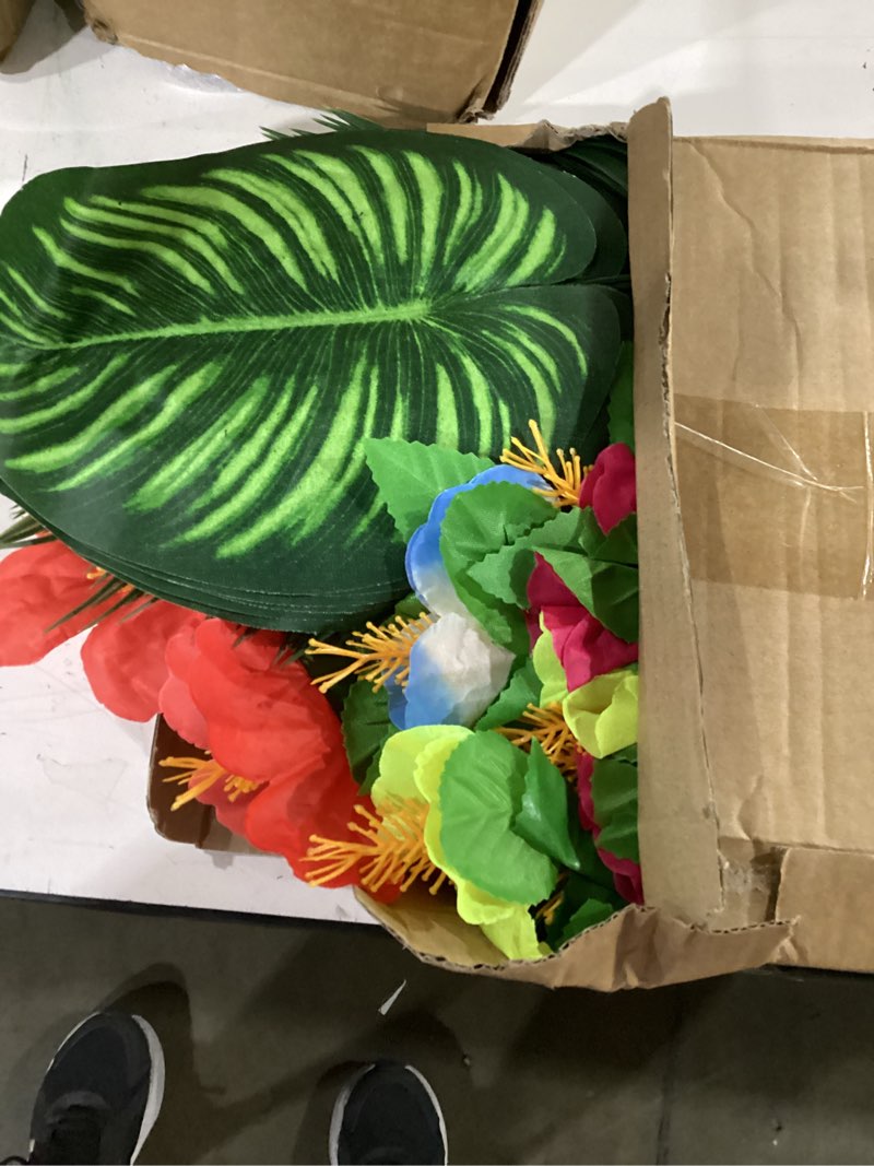 Condition photo showing As Is for hotop 24 pcs hawaiian flower centerpieces for tables artificial palm leaves fake hibiscus flowers tropical party decorations supplies for luau safari jungle beach bbq theme party birthday table decor