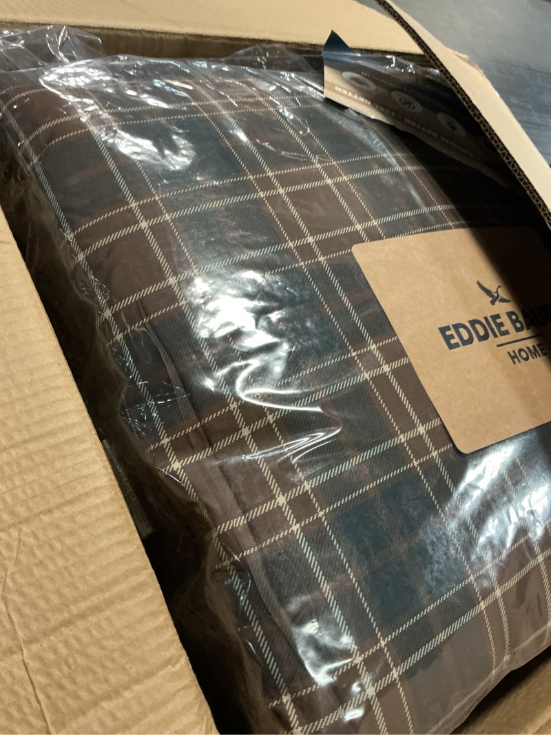 Condition photo showing New/Like New for Eddie Bauer - King Comforter Set, Soft & Smooth Printed Bedding with Solid Reverse, 3 Piece Bed Set with Matching Pillowcases (Huntley Plaid Brown) King Brown