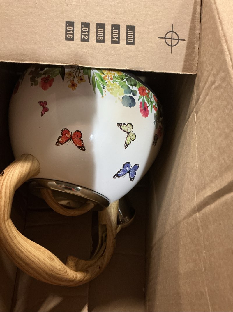 Condition photo showing Good Condition for tea kettle, toptier teapot whistling kettle with wood pattern handle loud whistle, food grade stainless steel tea pot for stovetops induction water kettle, 2.7-quart butterfly