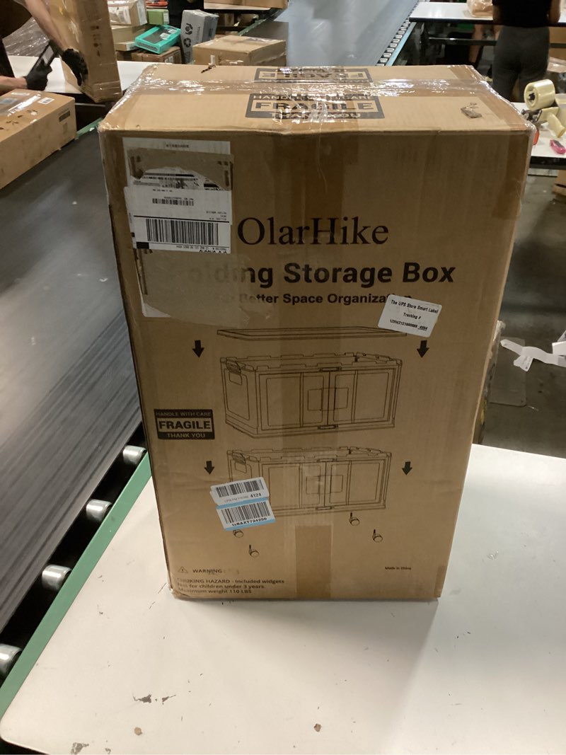 Condition photo showing New/Like New for olarhike 97qt stackable storage bins with lids - folding storage box with doors and wheels, collapsible plastic storage drawers for closets and organization, garage, 5 pack cubes 97qt-white 5pack