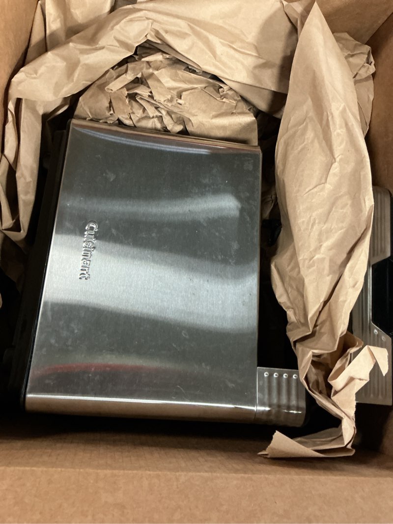 Condition photo showing As Is for cuisinart bread maker machine, stainless steel convection bread machine with 16 menu options, 3 loaf sizes up to 2 lb., 3 crust colors, includes measuring cup, spoon & kneading hook, cbk-210 convection machine