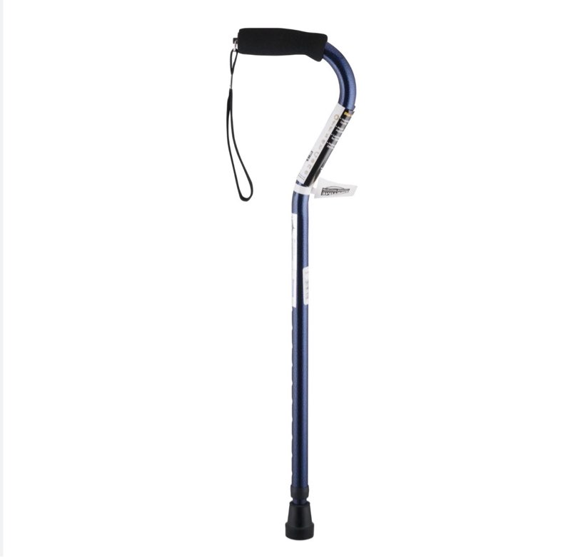 Aluminum offset walking cane, designed to assist with balance and mobility. 