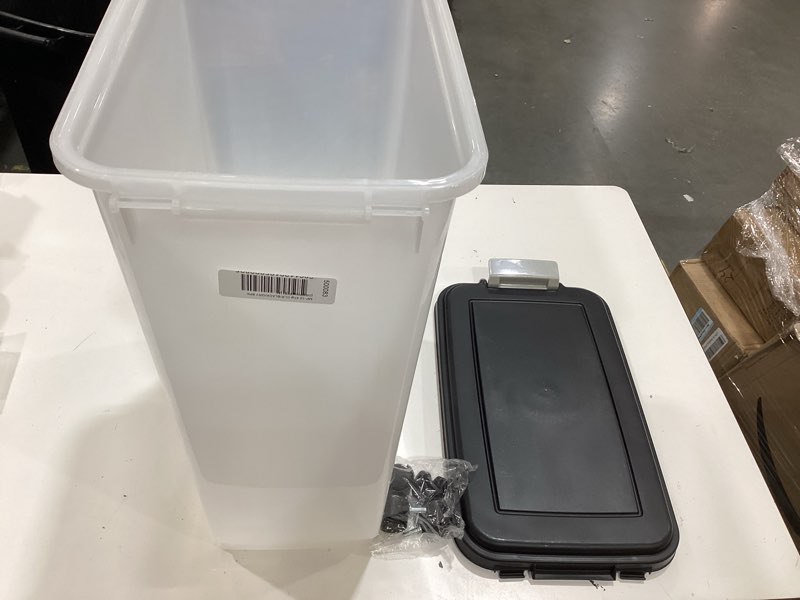 Condition photo showing As Is for iris usa airtight dog food storage container, up to 38 lbs, attachable wheels, for dog cat bird and other pet food storage bin, keep fresh, translucent body, easy mobility, black 38 lbs black