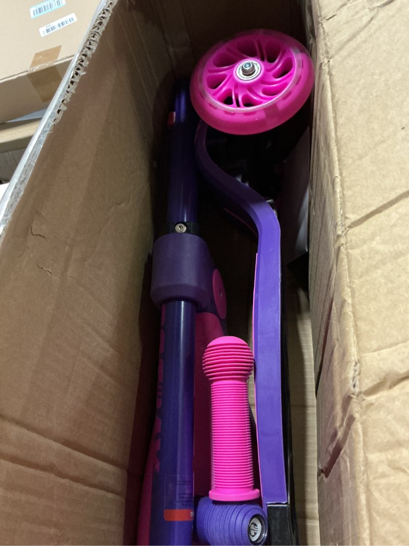 Condition photo showing As Is for hurtle 3-wheeled scooter for kids - wheel led lights, adjustable lean-to-steer handlebar, and foldable seat - sit or stand ride with brake for boys and girls ages 1-14 years old pink