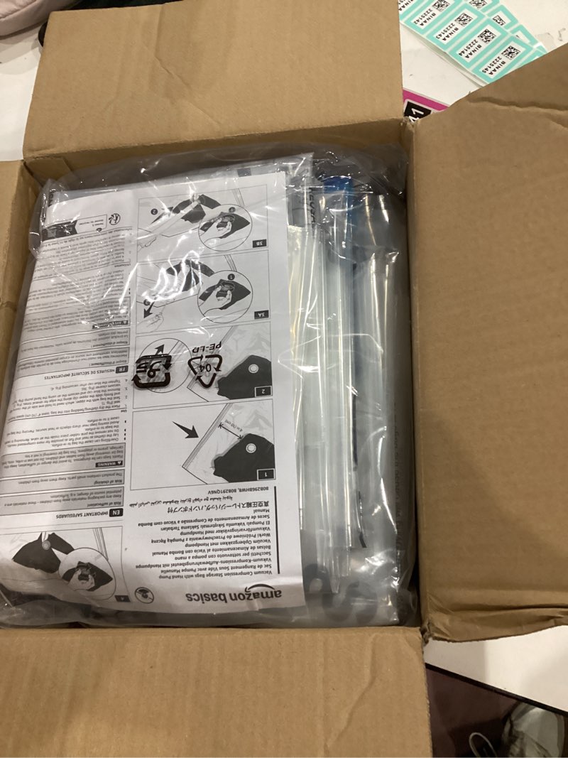 Condition photo showing Good Condition for Amazon Basics Vacuum Storage Bags with Hand Pump for Travel, Space Saving Compression Bags for Clothes, Clothing, Blankets and Duvets, Clear, 20 Pack (5 Small, 5 Medium, 5 Large & 5 Jumbo) Multiple 20-Pack