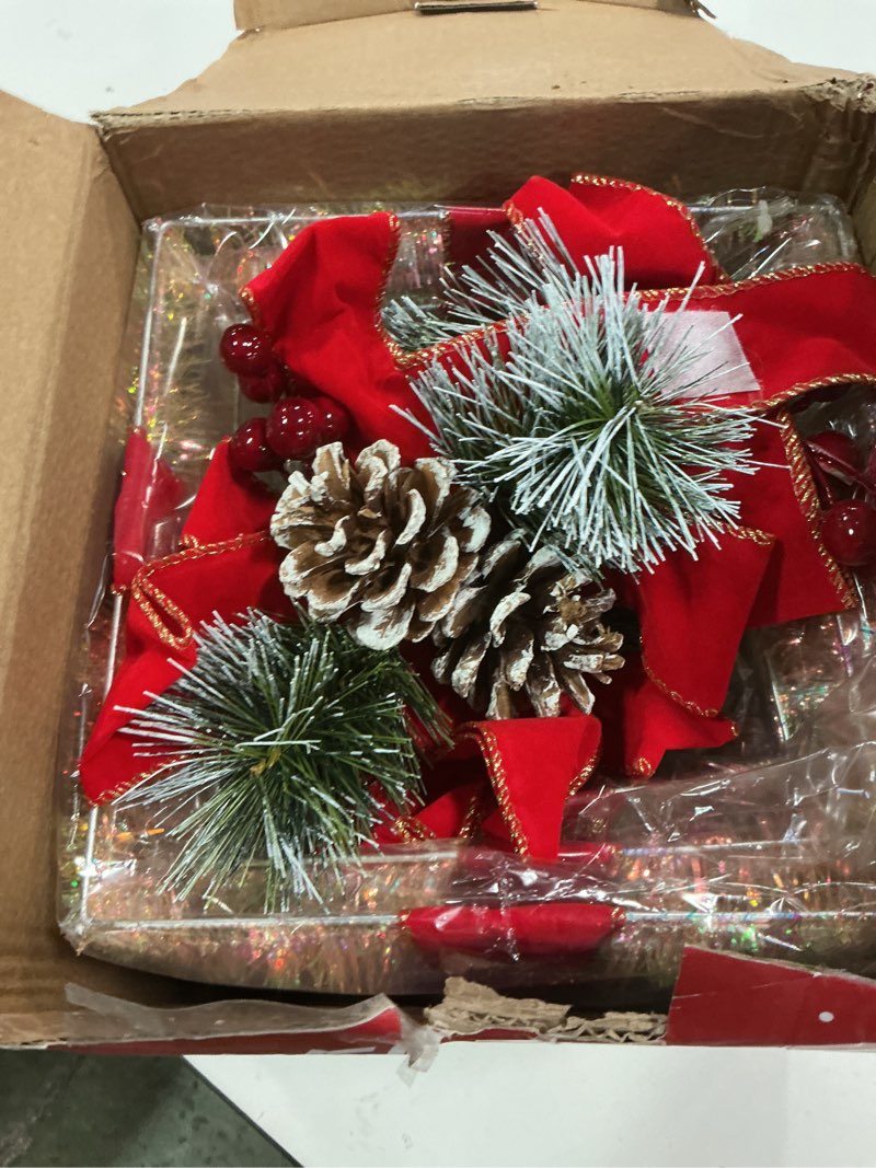 Condition photo showing Good Condition for Set of 3 Christmas Lighted Gift Boxes,Indoor Outdoor Christmas Decorations, 65 LED outdoor lighted holiday displays,Plug-in Light Up Presents Box for Indoor Christma tree Home Yard Lawn Decor Red - pine cones