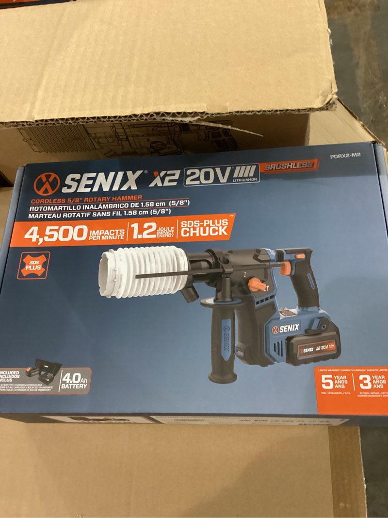 Condition photo showing New/Like New for senix 20 volt max* sds-plus cordless 5/8" rotary hammer drill with brushless motor, auxiliary handle, dual function, & vibration control, battery, charger, & storage bag included (pdrx2-m2)