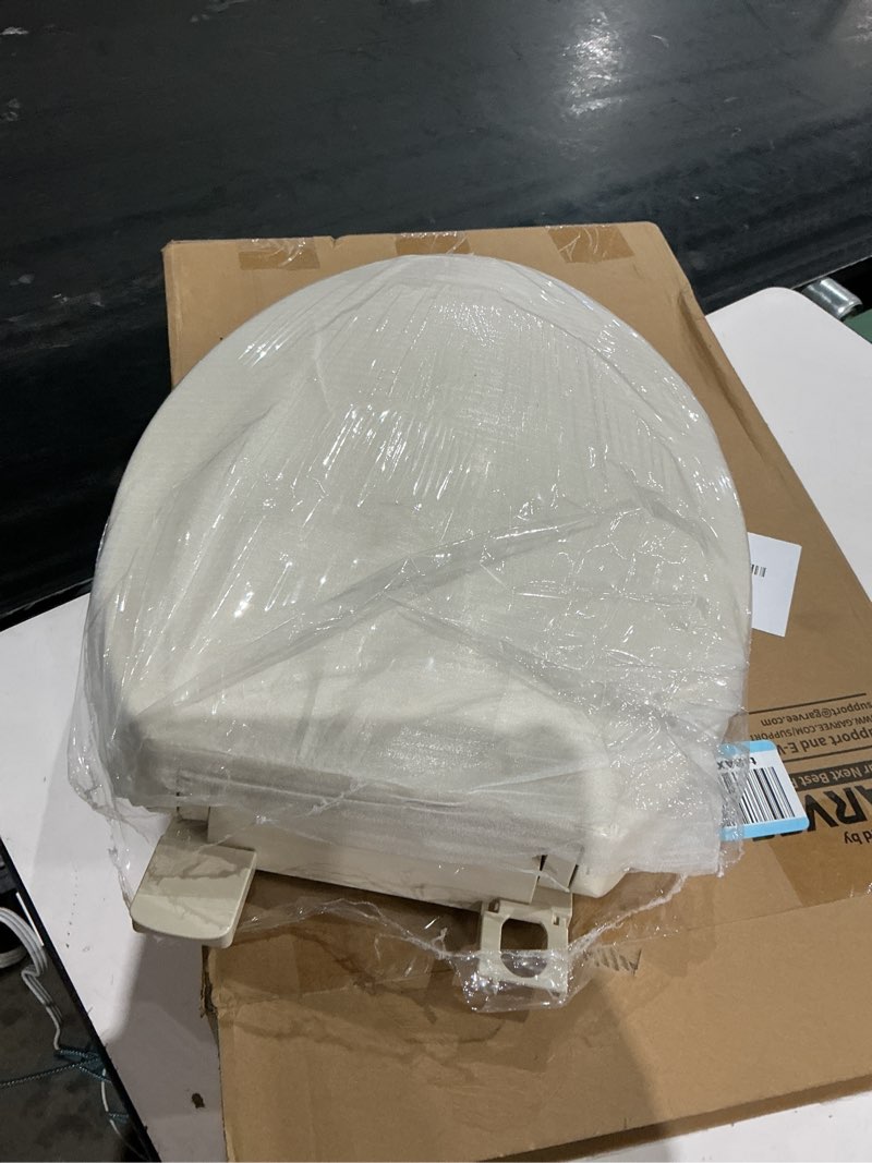 Condition photo showing As Is for aünsffer round toilet seat almond, toilet seat inch soft close, premium pp material easy clean, b2b available, elegant
