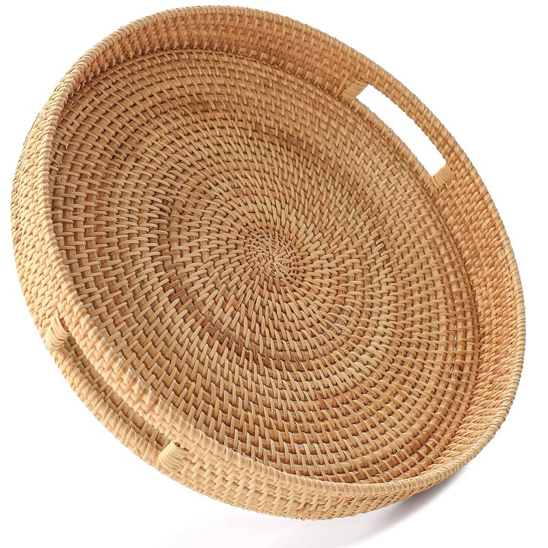 hitomen 14.2" hand-woven round rattan serving tray decorative ottoman wicker platter with handles for coffee table, breakfast, drinks, snack, bread, fruit, vegetables (natural-l)