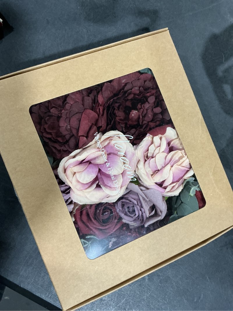 Condition photo showing New/Like New for Floroom Burgundy Mauve Artificial Flowers Marsala Fake Roses Peonies and Greenery Combo Box Set for DIY Dark Red Wedding Bouquets Bridal Shower Centerpieces Floral Arrangements Party Tables Decoration Enchanted Burgundy