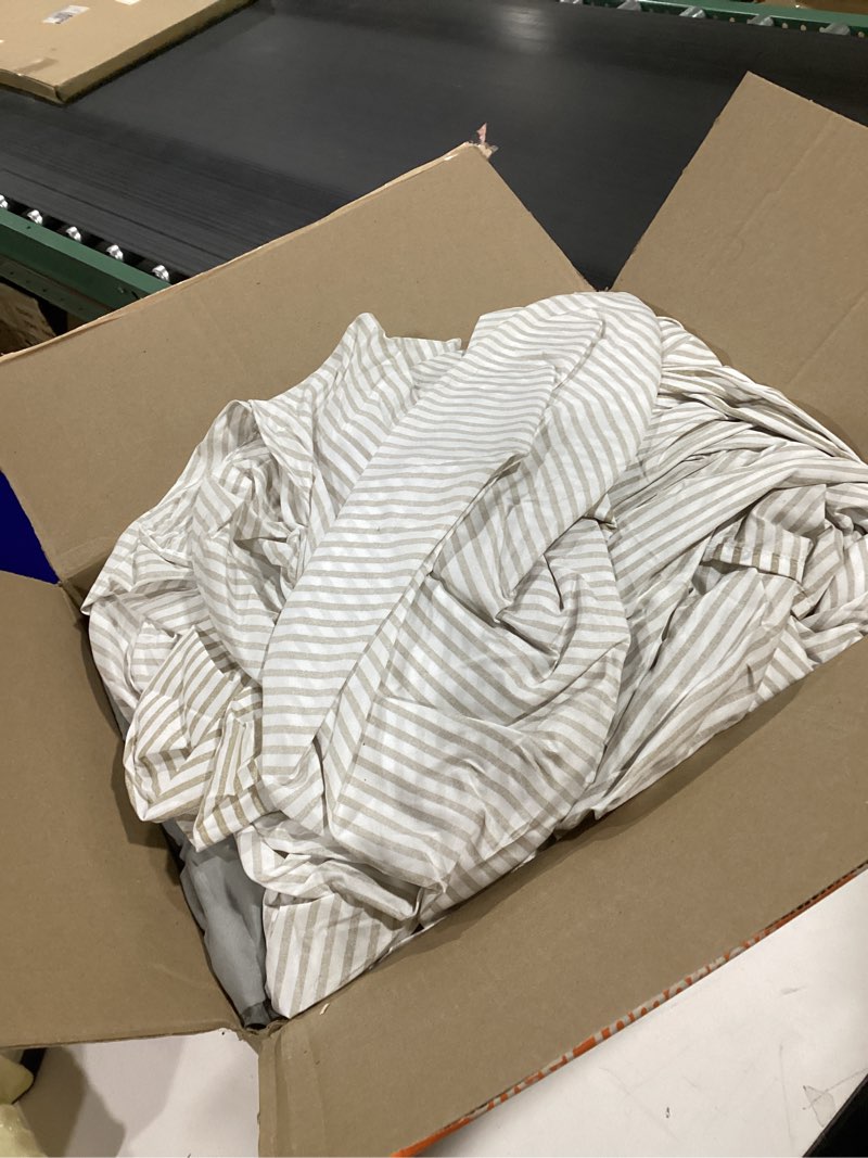 Condition photo showing As Is for Madison Park Essentials Queen Comforter Set, Bed in A Bag Comforter & Sheet Set, Modern Casual Stripes Print, All Seasons, Soft Microfiber Bedding Makeover, Matching Shams, Queen Taupe/Grey 7 Piece Taupe/Grey Queen