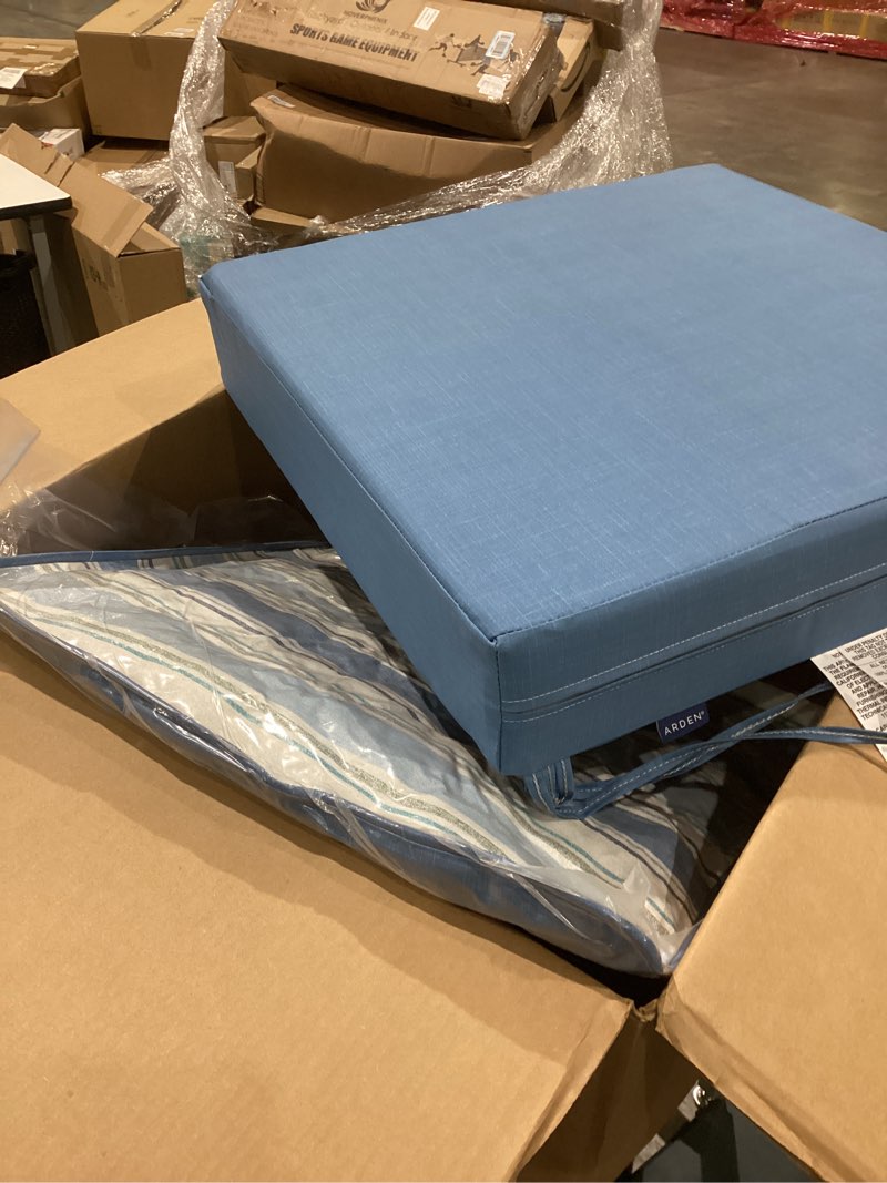 Condition photo showing Good Condition for arden outdoor deep seat cushion set, 24 in x 24 in, weather-proof, rain-proof, fade resistant patio cushion for chair, sofa, and couch french blue linen stripe