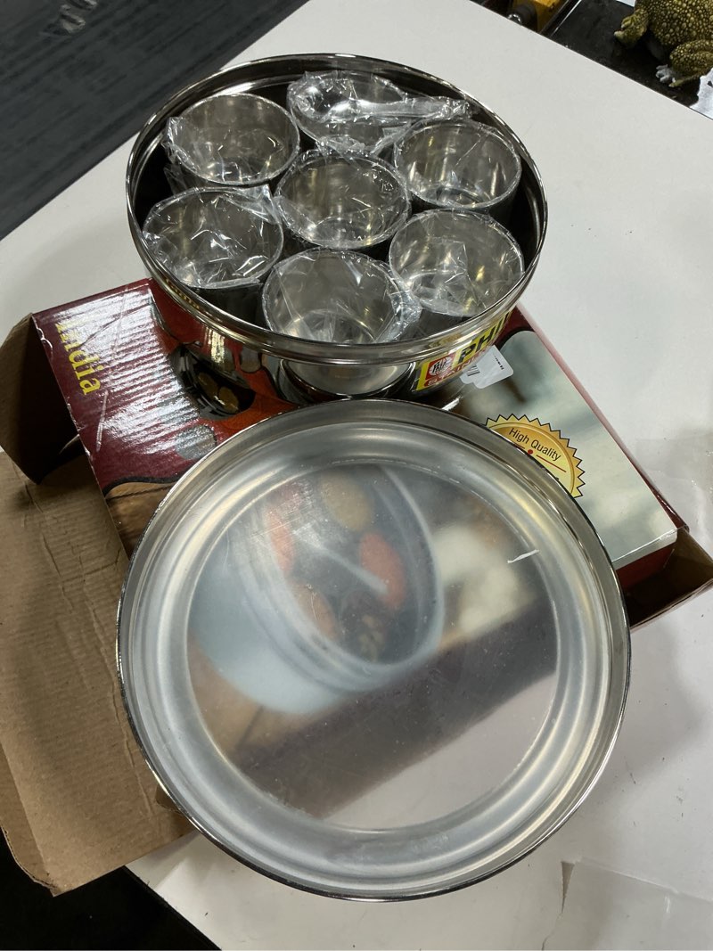 Condition photo showing Good Condition for rani spice box stainless steel transparent round storage for spices (masala dabba) 7 compartments, with spoon (9.2in x 3in) ~ packed in an attractive box, perfect for gifts! 9.2 inch