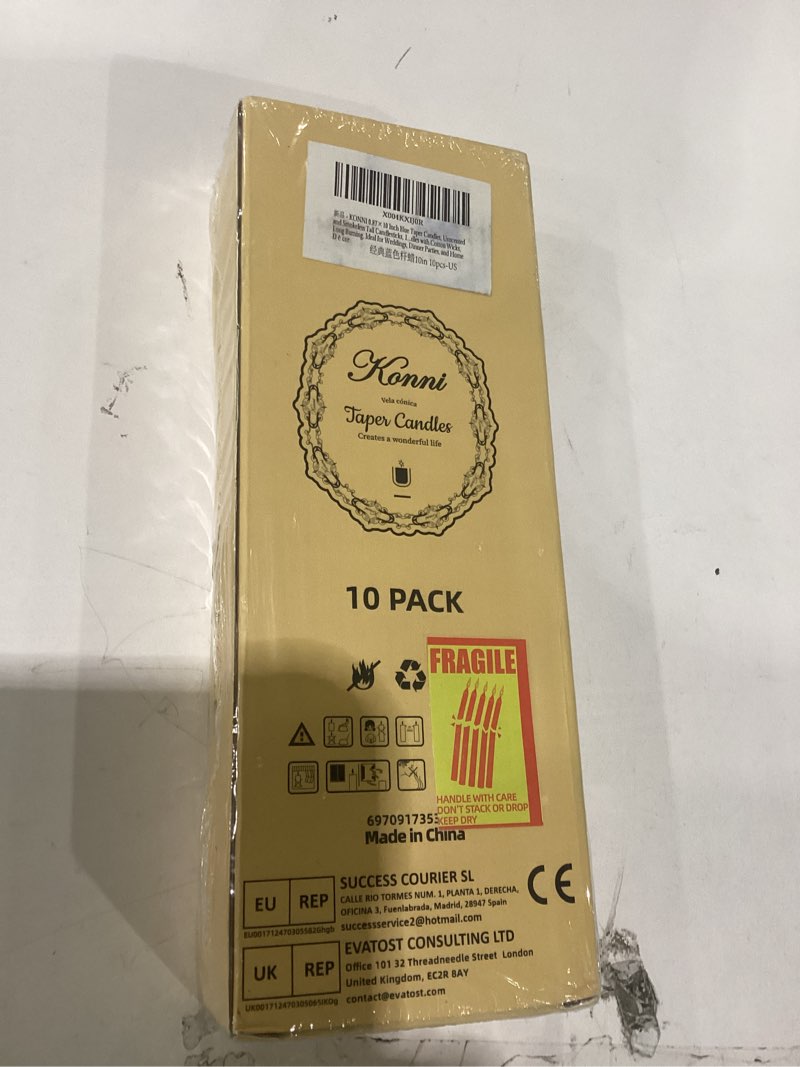 Condition photo showing Good Condition for konni 0.87×10 inch blue taper candles, unscented and smokeless tall candlesticks, 10 pack tapered candles with cotton wicks, long burning, ideal for weddings, dinner parties, and home décor