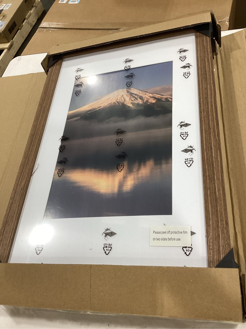 Condition photo showing New/Like New for 11x17 poster frame, display pictures 8x12 with mat or 11x17 without, wall hanging frames, rustic brown, 3 pack brown 11x17
