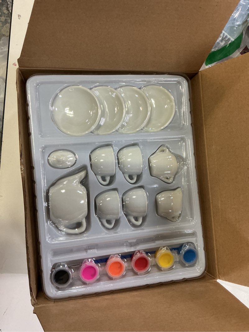 Condition photo showing New/Like New for 45 Pcs Spring Paint Your Own Tea Kit Craft DIY Tea Kit for Kids Ages 8+ Mini Ceramic Tea Cups to Paint Including Porcelain Dishes Brush for Party Girls Boys SetStylish Style