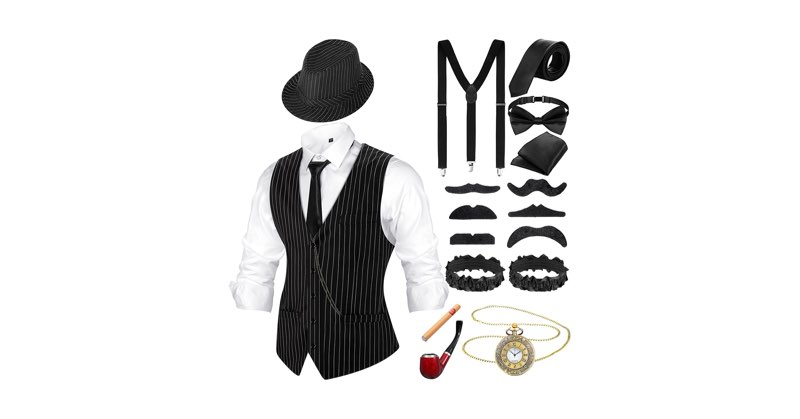 Neer 1920s Men Costume Accessories Outfit with Gangster Vest Hat Vintage Pocket Watch Bow Tie Suspen