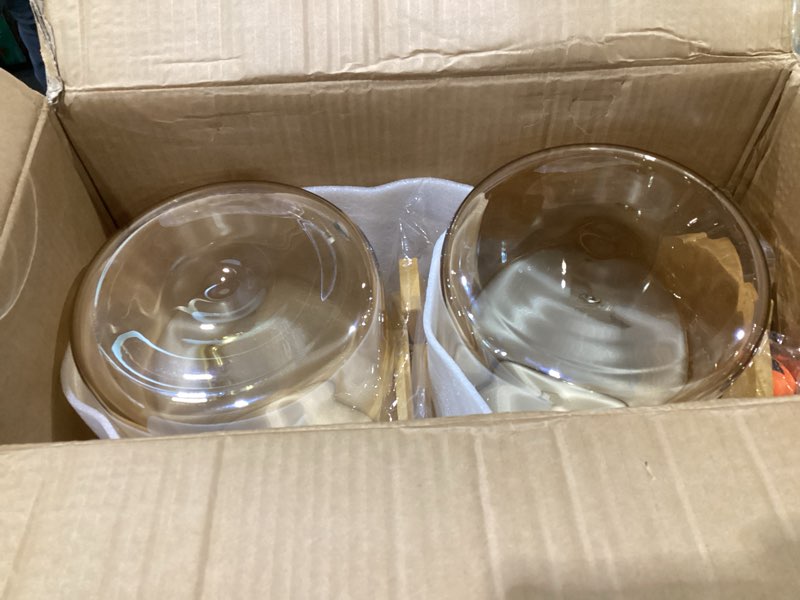 Condition photo showing As Is for Honeydak 2 Pack 2.5 Gallon Amber Glass Drink Dispensers with Spigot for Christmas Party, Gold Accent Beverage Dispenser with Stands for Juice Water Lemonade Tea Cocktail Beverage