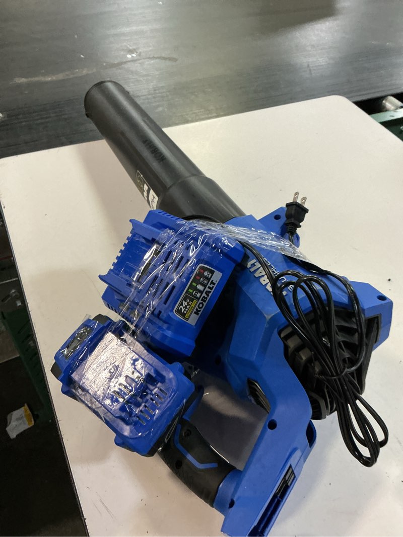 Condition photo showing As Is for kobalt 80-volt 700-cfm 180-mph battery handheld leaf blower 2.5 ah battery included charger included
