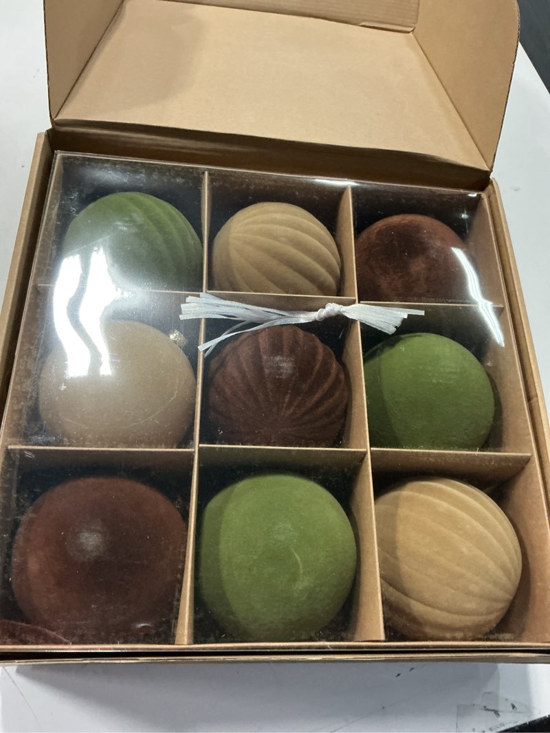 Condition photo showing New/Like New for Syhood 9 Pcs 4 Inch Neutral Velvet Christmas Balls Large Velvet Xmas Tree Ornaments Balls Decorations Hanging Flocked Ornaments for Christmas Tree Home Garland Holiday Party Decor Neutral Color 9