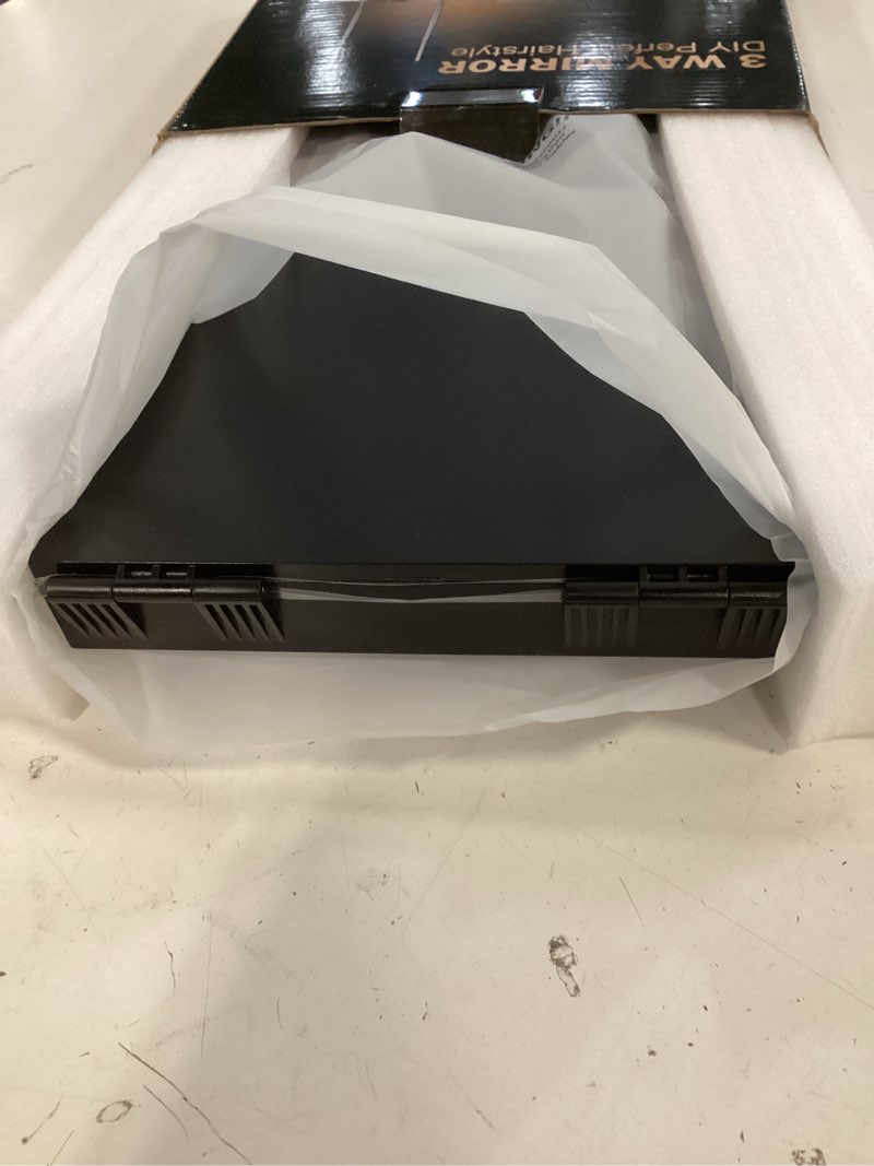 Condition photo showing New/Like New for bn-link 3 way mirror for self hair cutting  360 trifold mirror with height adjustable telescoping hooks  foldable three sided mirror for shaving  makeup  hair styling(black)