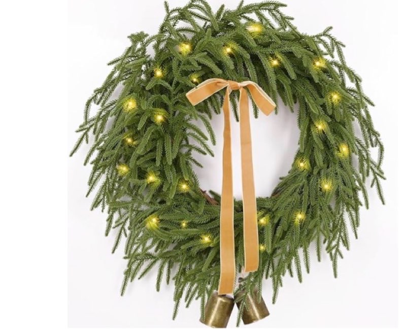 christmas wreath -24 inch real touch norfolk pine wreath for front door, christmas wreath with lights, greenery wreath with ribbon bell for home table wall window indoor outdoor christmas decoration