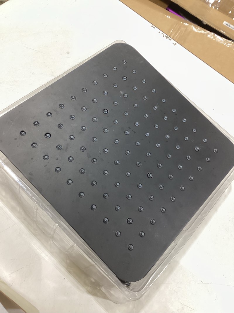 Condition photo showing As Is for allen + roth reign  matte black 10-in square fixed rain shower head 1.8 gpm
