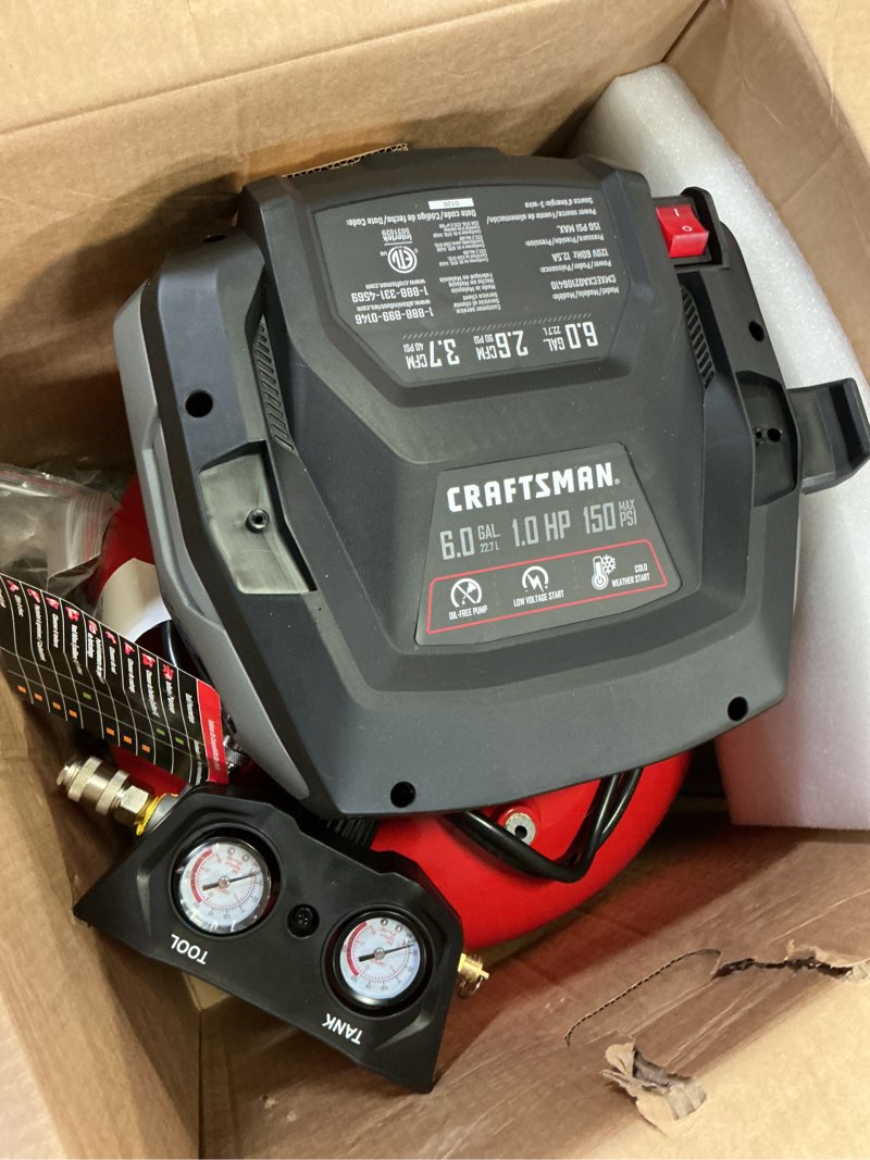 Condition photo showing As Is for craftsman 6-gallon portable electric 150 psi pancake air compressor