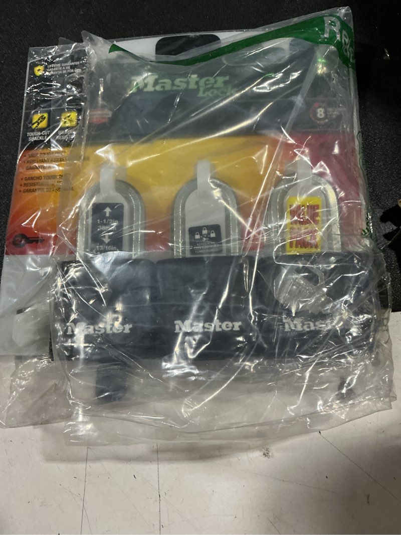 Condition photo showing Good Condition for master lock black magnum keyed-alike padlocks with all-weather cover, outdoor lock for fence or gate with a 1-7/8 inch lock body and 1-1/2 inch shackle, 3-pack 3 pack padlock