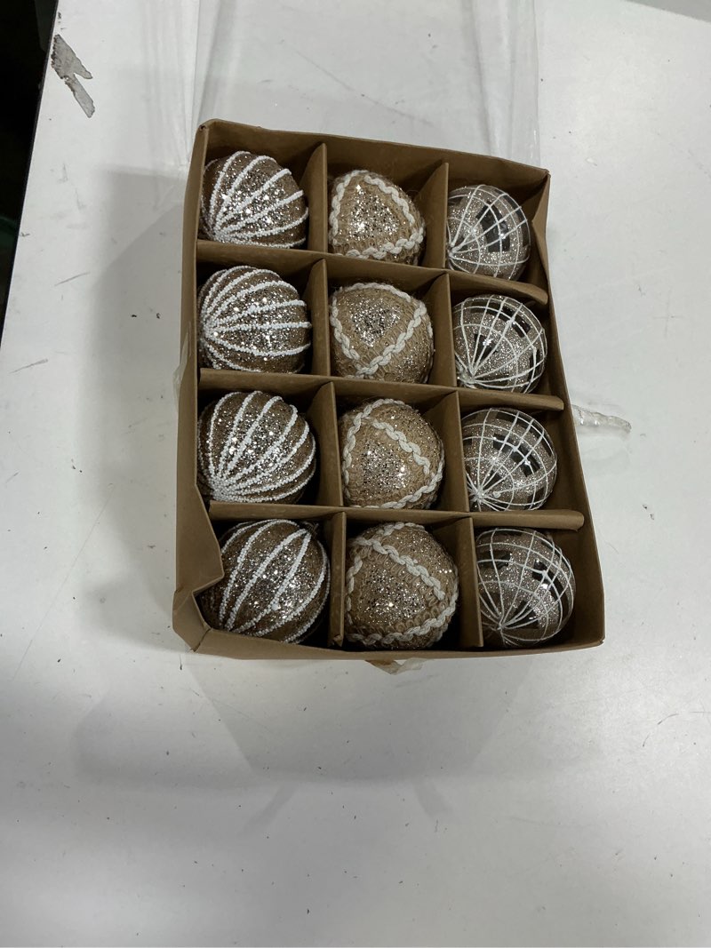 Condition photo showing New/Like New for sunshine decor christmas ornaments set 12pcs rustic farmhouse neutral christmas ornaments, 3.15" shatterproof large balls hanging for xmas tree, party holiday champagnewhite large